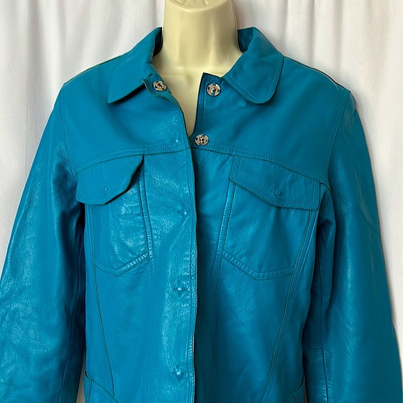 Studio Andrew Marc Wilson’s Vtg Turquoise Blue Leather Jacket Coat **Size S** - Picture 3 of 7